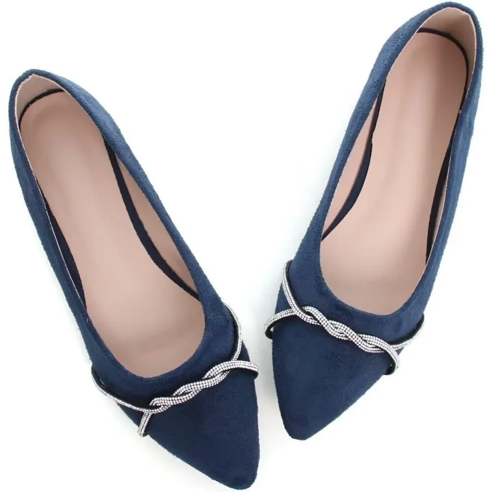 Women's Blue Casual Flats Fashion Chain Pointed Toe Ballet Flat Rhinestone